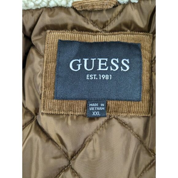 Guess Mens Sz Xxl Corduroy Trucker Jacket Brown Sherpa Collar Long Sleeve Snap - Picture 5 of 11